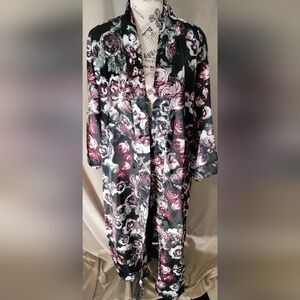 Women's Elegant Floral Satin Robe Kimono w/Self Belt by Ellos. Size L